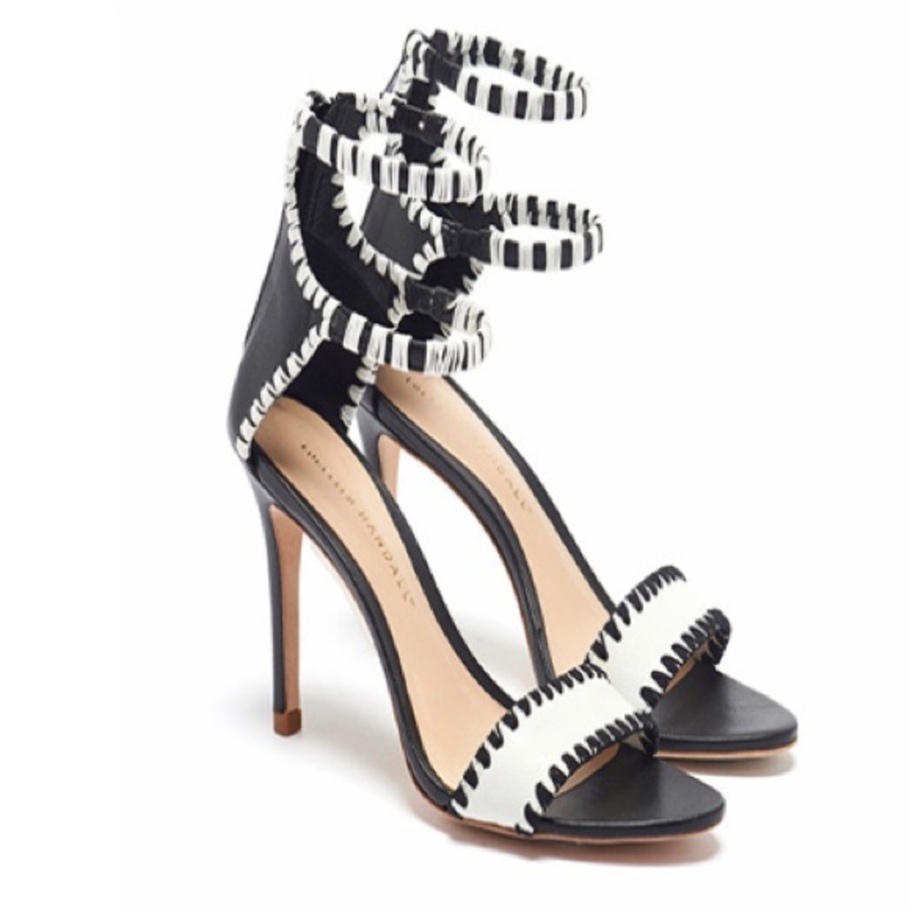 LOEFFLER RANDALL Womens Cici Whip Stitch Stiletto Sandal White & Black Sz- 9.5‎